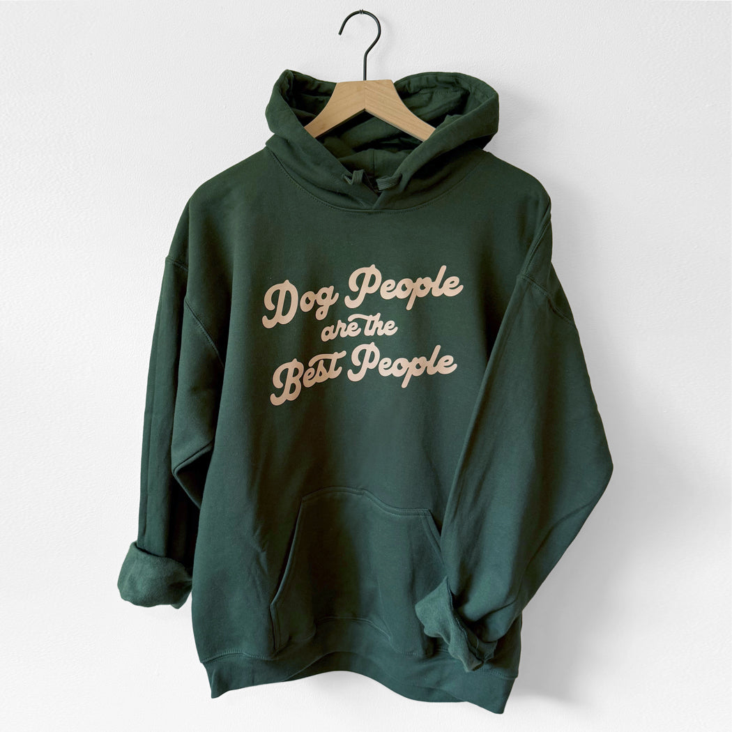 Green hoodie with 'Dog People are the Best People' text on a white background