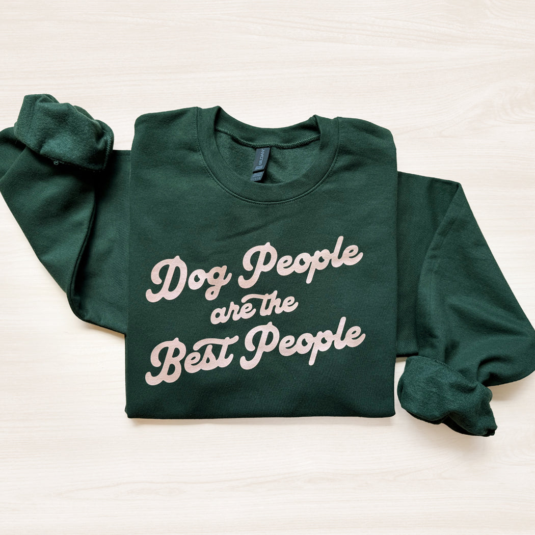 Green sweatshirt with 'Dog People are the Best People' text on a white background