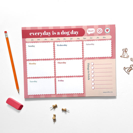 Pink Dog Day Weekly Planner with daily boxes and to-do list, cute undated desk pad for dog lovers and organizers.