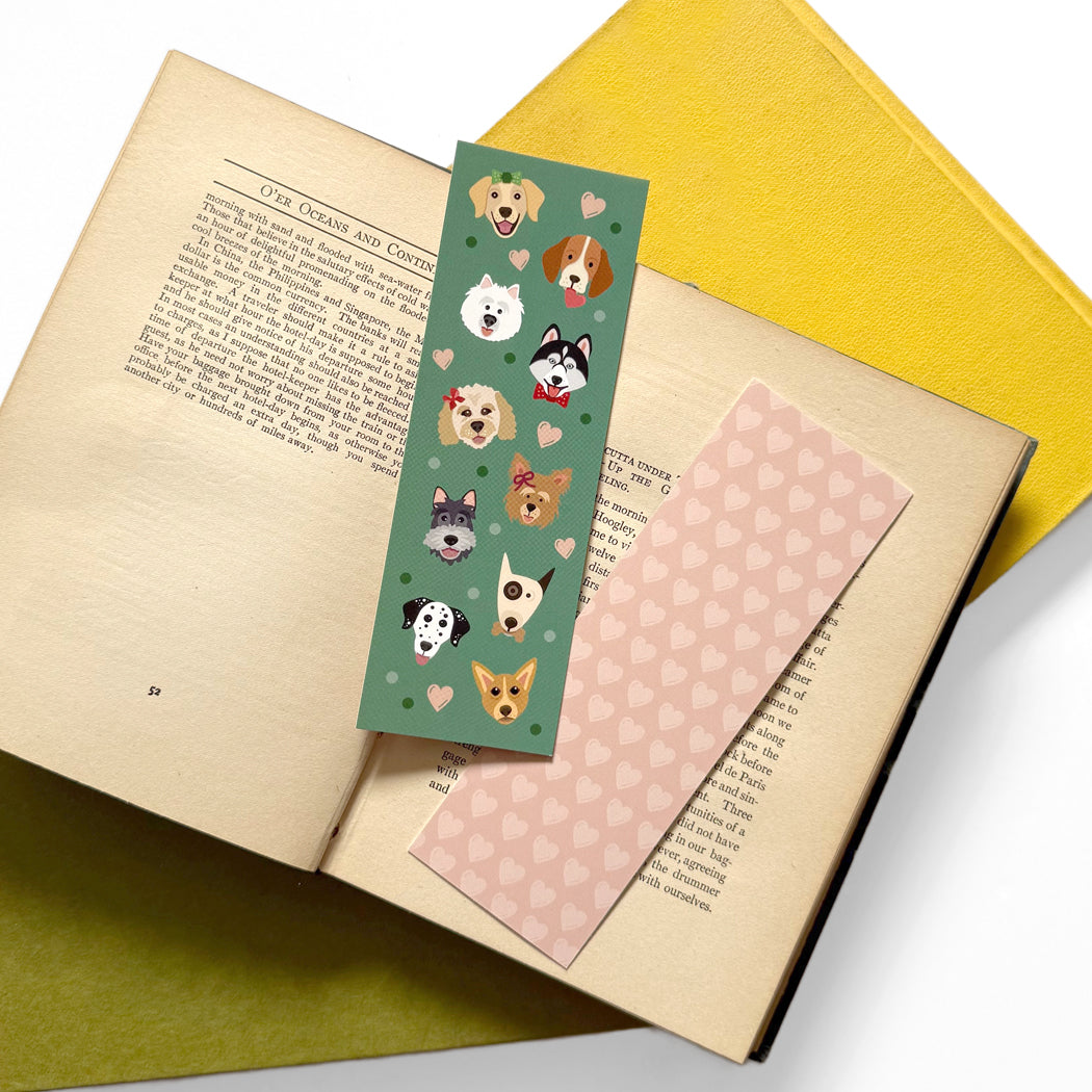 Dog Friends bookmark featuring illustrated dogs playing together with colorful, fun background.