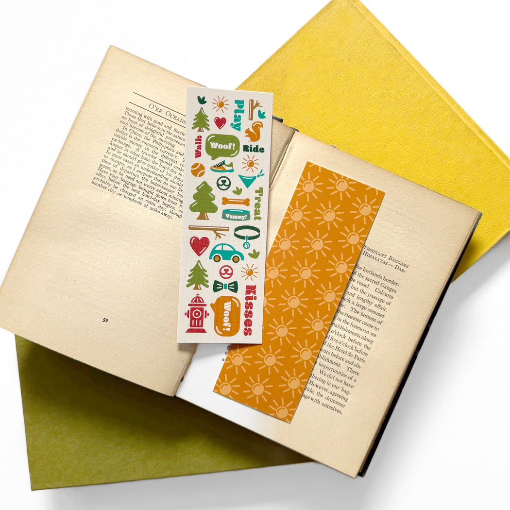 Dog Life bookmark showcasing outdoor dog adventures with illustrated icons.