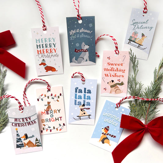 Collection of Christmas-themed gift tags with festive designs on a white background.