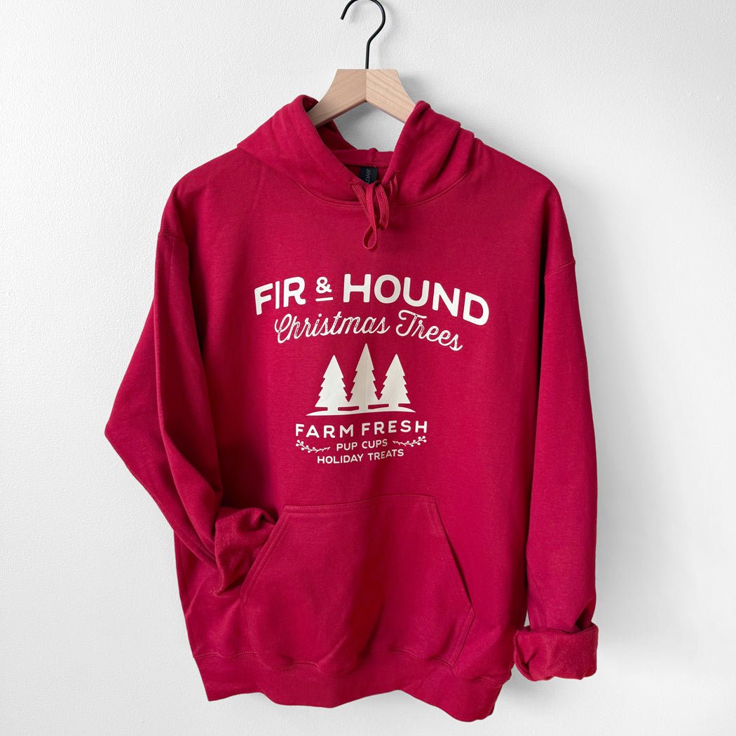 Red hoodie with white text and graphics on a white background