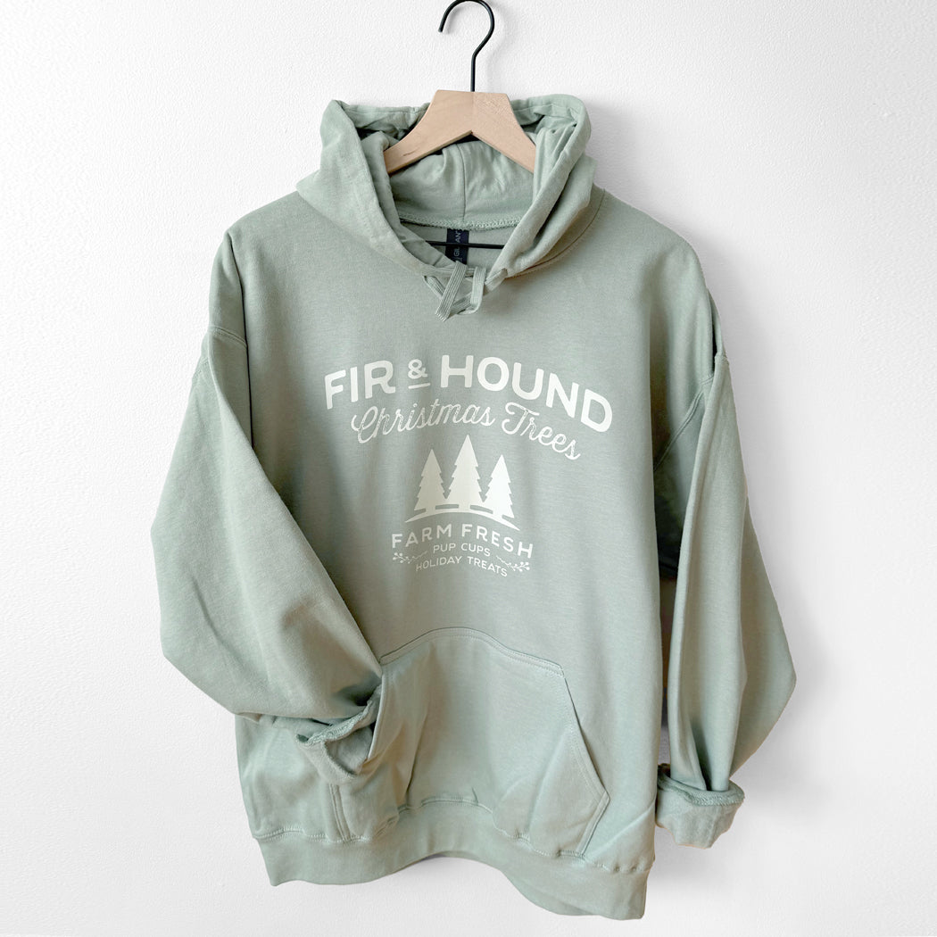 Light green hoodie with 'Fir & Hound Christmas Trees' text