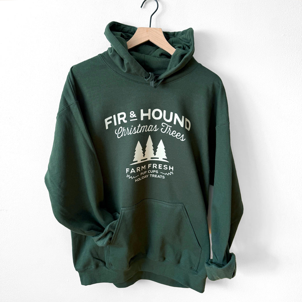 Green hoodie with white text Fir & Hound text.