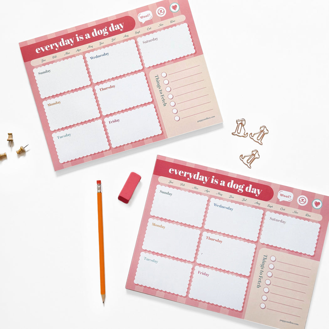Pink Dog Day Weekly Planner with daily boxes and to-do list, cute undated desk pad for dog lovers and organizers.