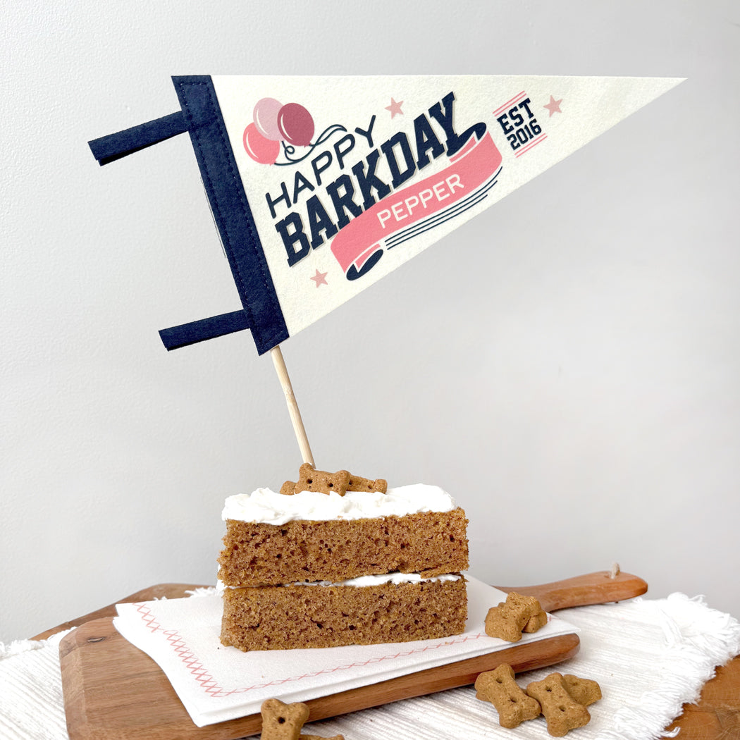 Dog birthday cake with 'Happy Barkday' flag on a white background