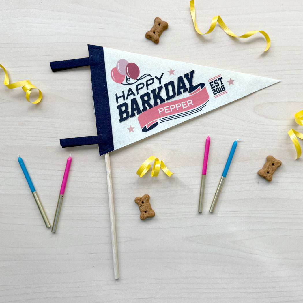 Dog birthday banner with candles and treats on a light surface