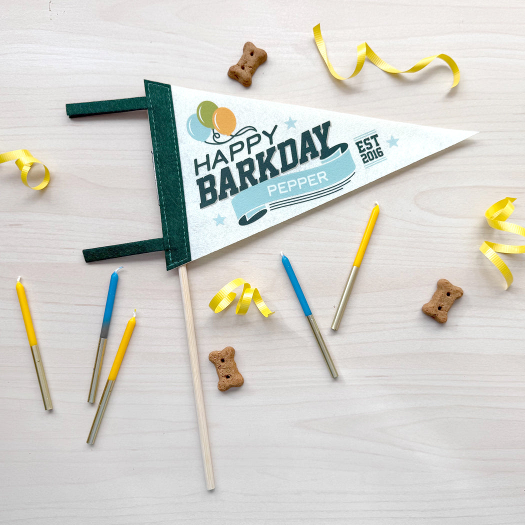 Dog birthday banner with candles and treats on a light background