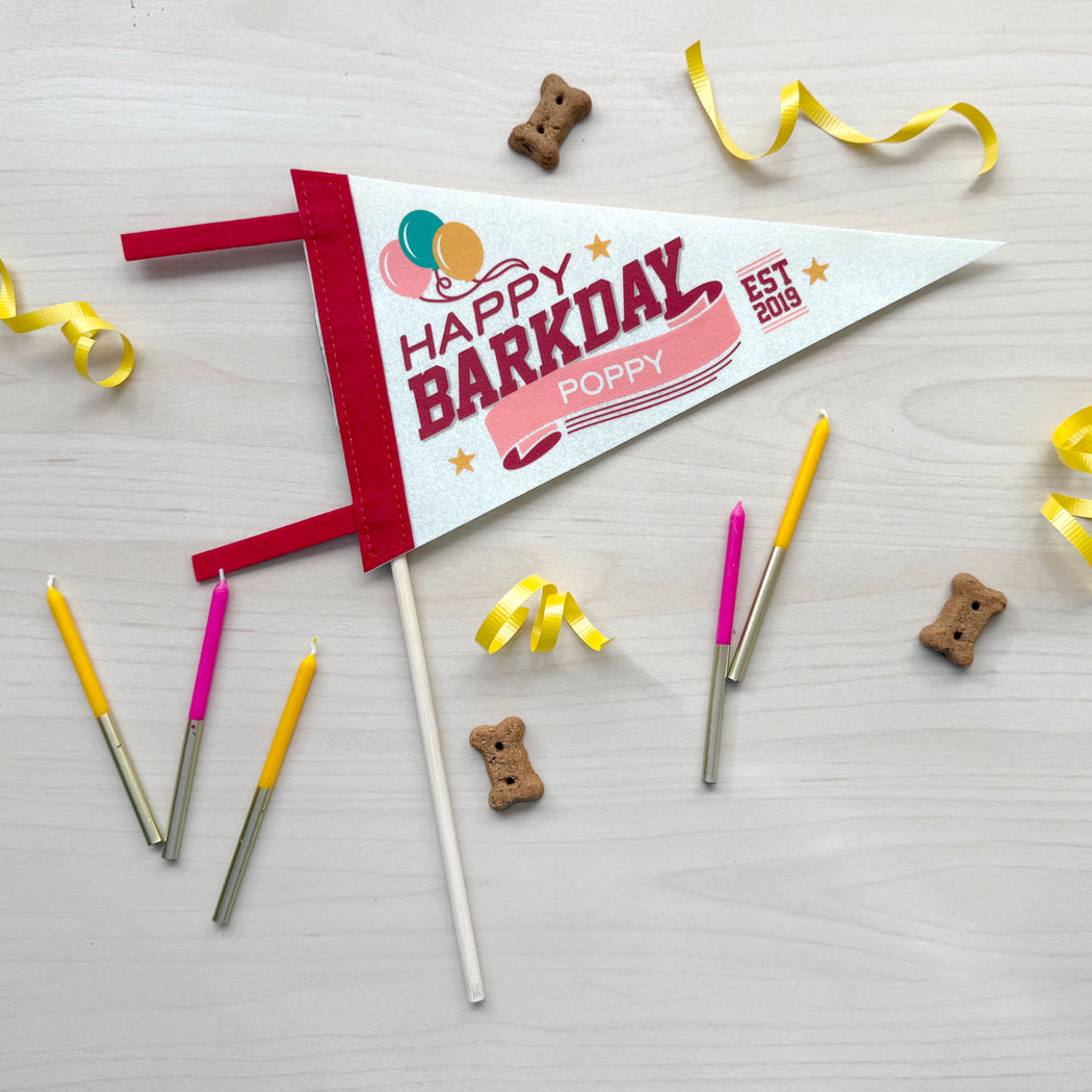 Dog birthday banner with candles and treats on a light surface