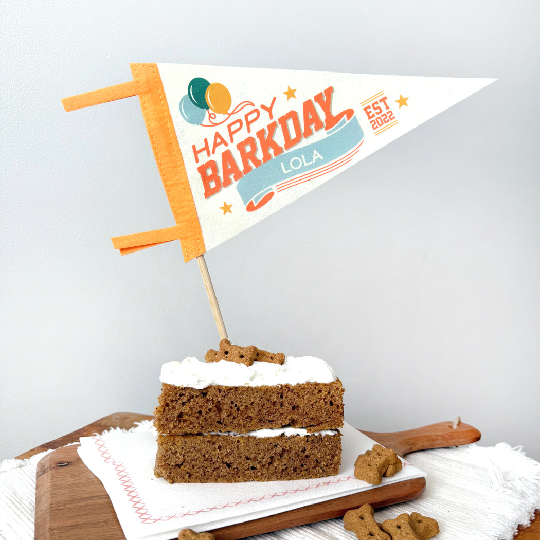 Dog birthday cake with 'Happy Barkday' flag on a white background