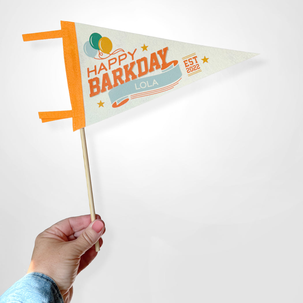 Hand holding a 'Happy Barkday' party flag with a stick on a white background
