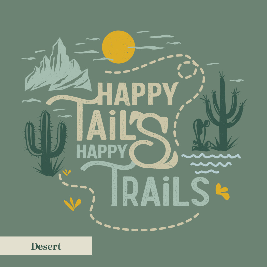 Illustration with mountains, cacti, and a sun on a green background with 'Happy Tails Happy Trails' text.