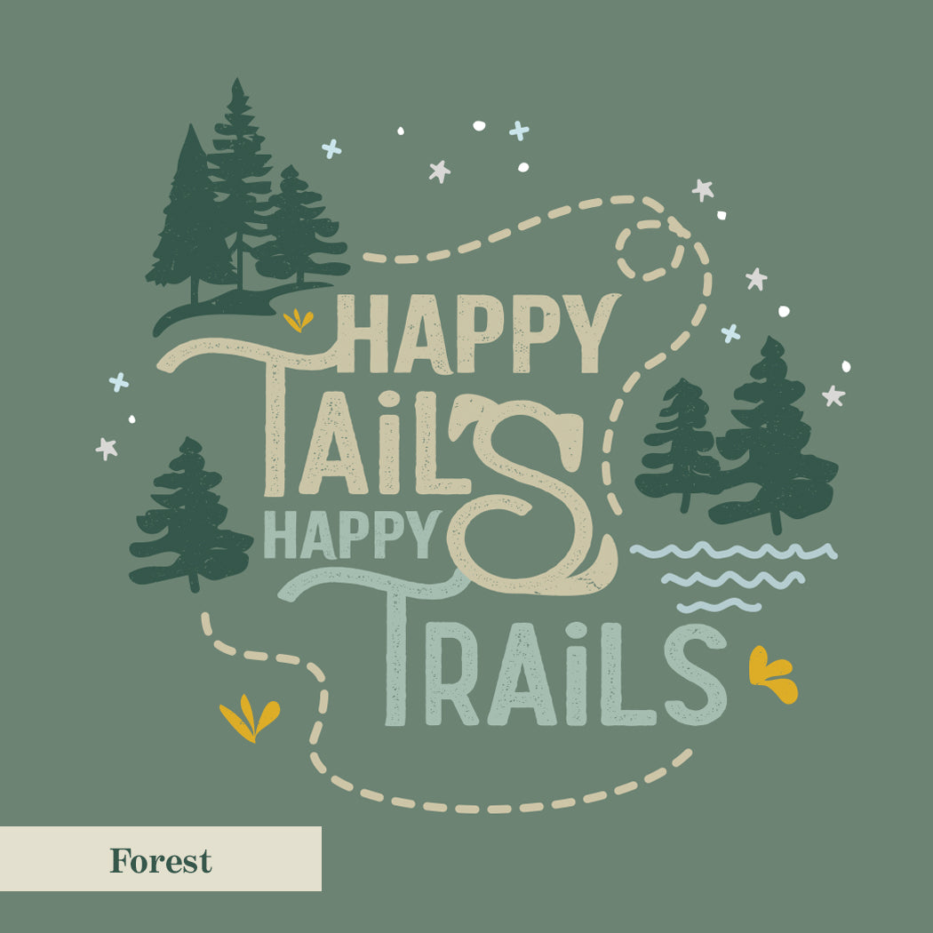 Illustration with 'Happy Tails Happy Trails' text and trees on a green background