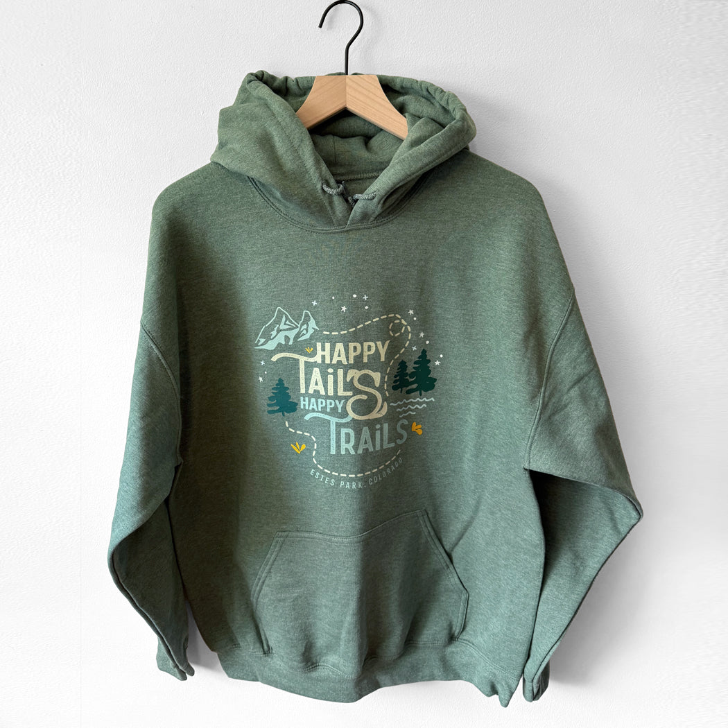 Green hoodie with 'Happy Trails' text on a white background