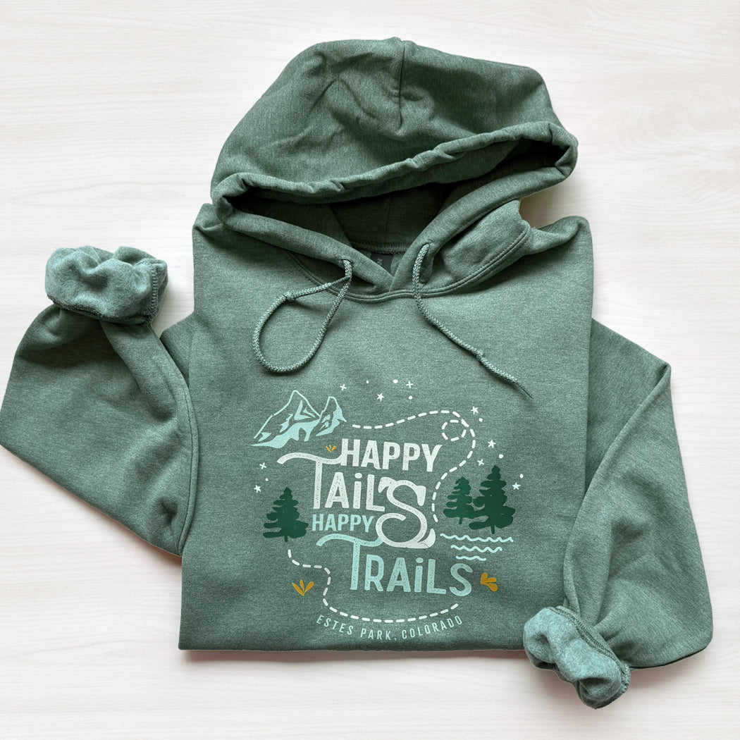 Green hoodie with 'Happy Tails Happy Trails' text and graphics on a white background