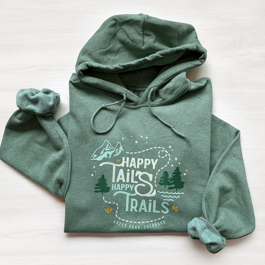 Green hoodie with 'Happy Tails Happy Trails' text and graphics on a white background