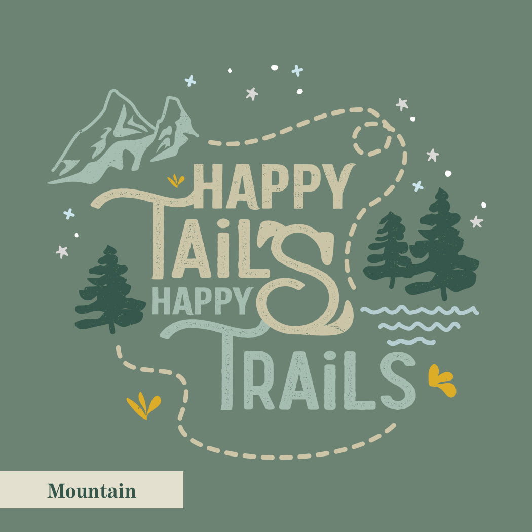 Illustration with 'Happy Tails Happy Trails' text on a green background with trees and mountains.