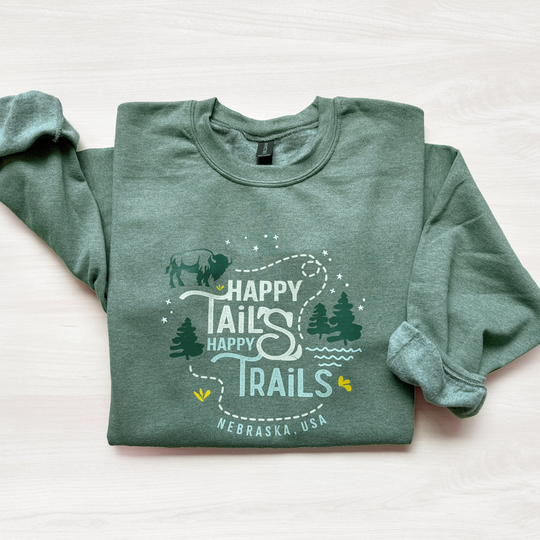 Green sweatshirt with 'Happy Tail's Happy Trails' text and graphics on a white background