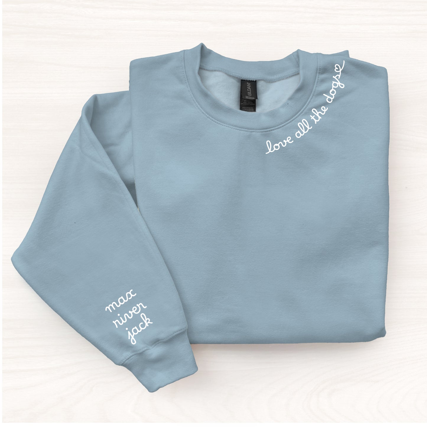 Light blue sweatshirt with text on sleeves and chest against a white background