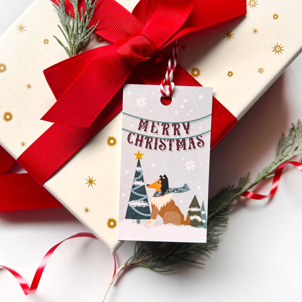 Gift box with a red ribbon and a 'Merry Christmas' tag featuring a dog and Christmas tree design.