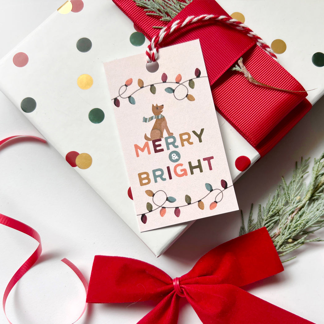 Gift wrapped in red and white with a 'Merry & Bright' tag on a white background