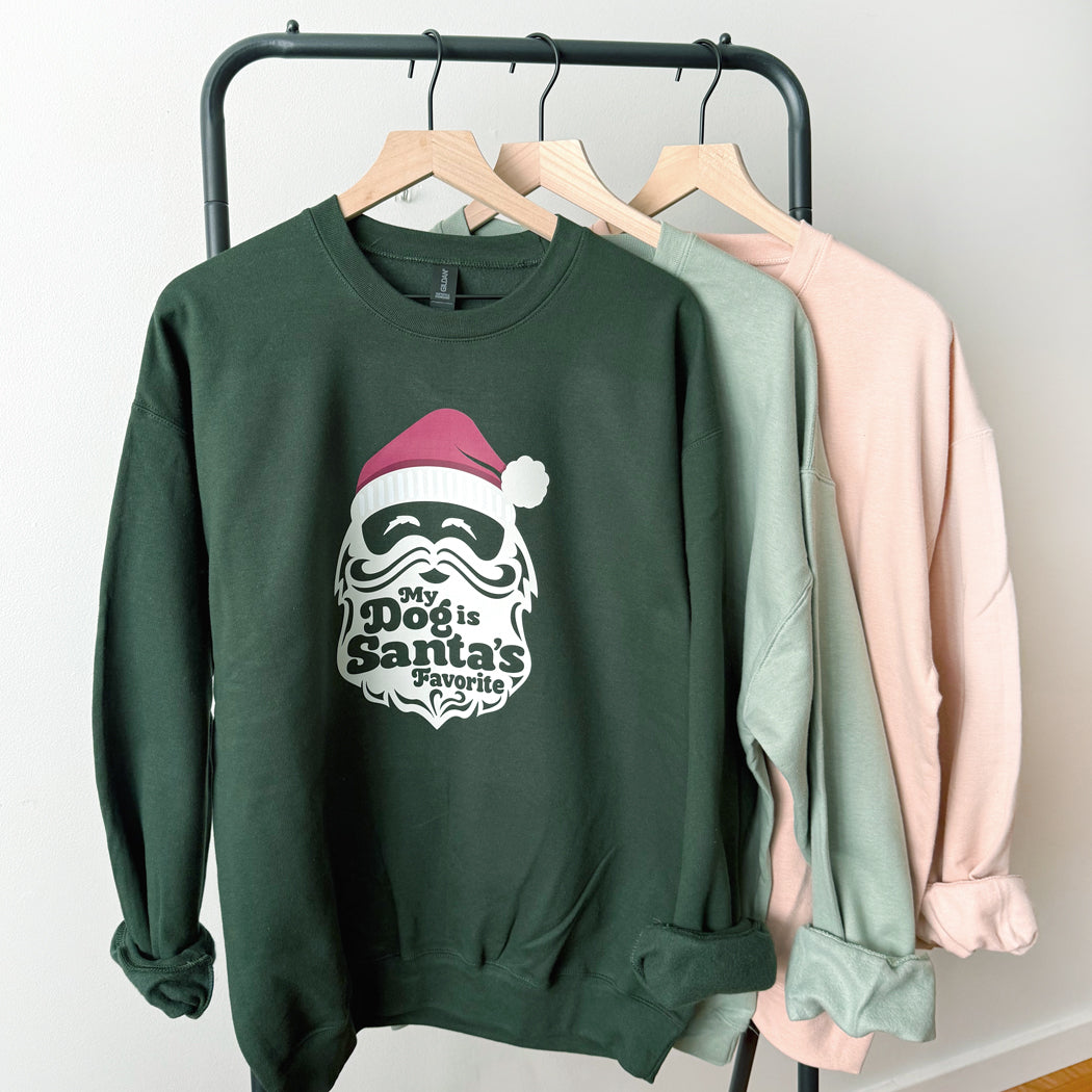 Green sweatshirt with Santa graphic and text on a rack against a white wall