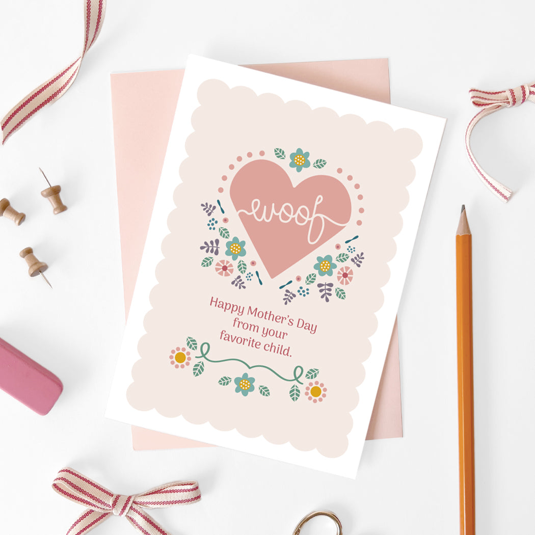 Dog Mom Mother's Day Card accompanied by pink blush envelope.