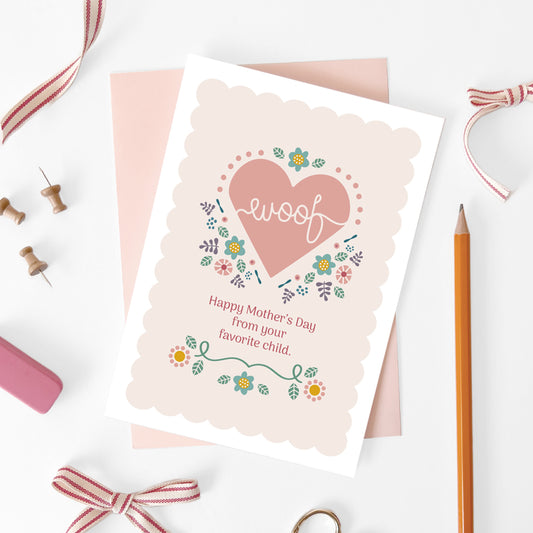 Dog Mom Mother's Day Card accompanied by pink blush envelope.