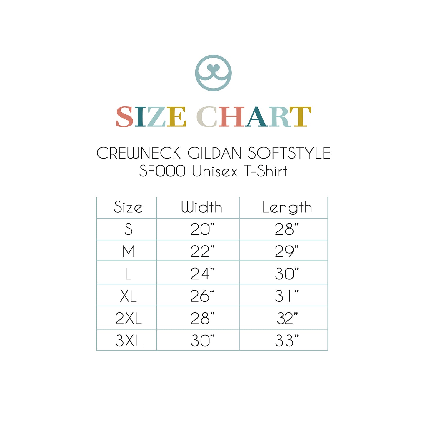 Size chart for Gildan Softstyle t-shirts with brand logo at the top.