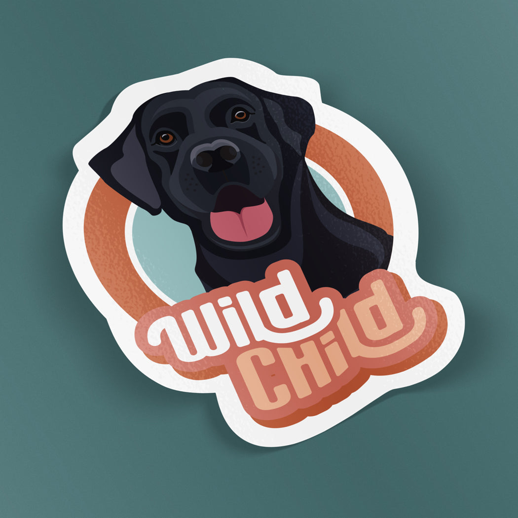 Wild Child Black Lab Dog Sticker – a waterproof vinyl decal featuring an adventurous black Labrador Retriever.