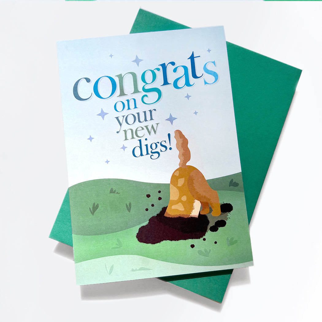 Dog-themed ‘Congrats On Your New Digs’ housewarming card with a green envelope