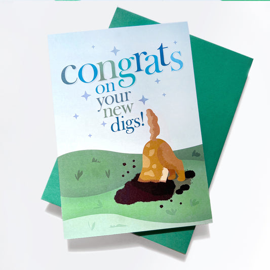 Dog-themed ‘Congrats On Your New Digs’ housewarming card with a green envelope