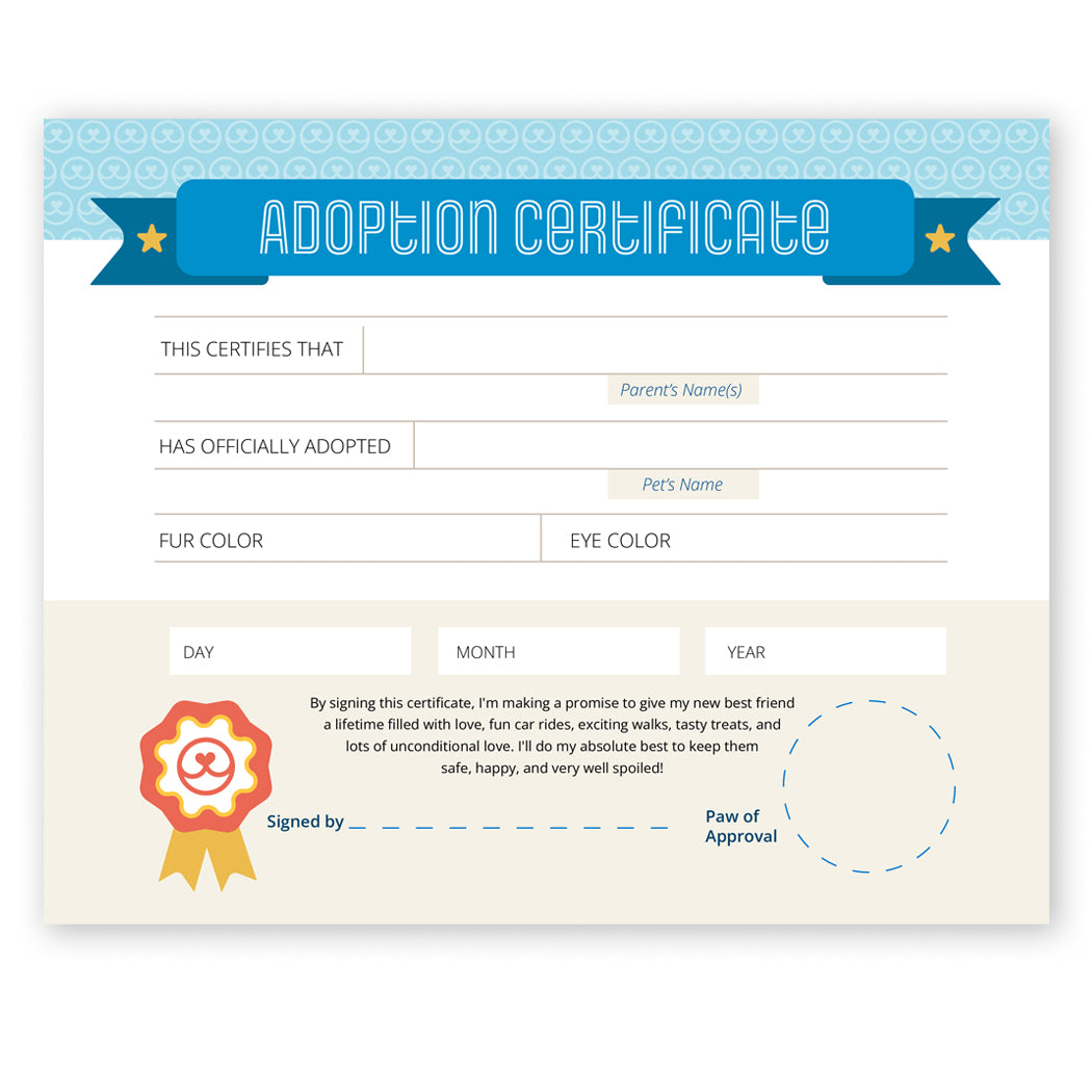 Framed Dog Adoption Certificate commemorating new pet adoption.