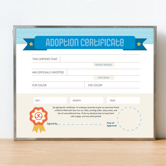 Framed Dog Adoption Certificate commemorating new pet adoption.