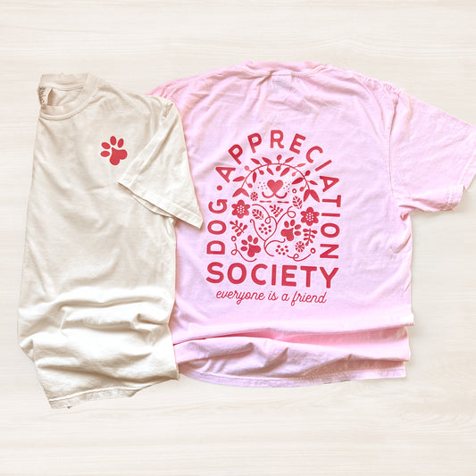 Ivory and pink Dog Appreciation Society Graphic T-Shirt with hand-illustrated design on front and back.