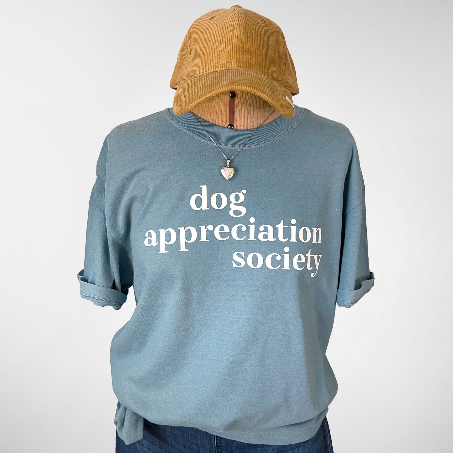 Dusty blue t-shirt with white text 'Dog Appreciation Society