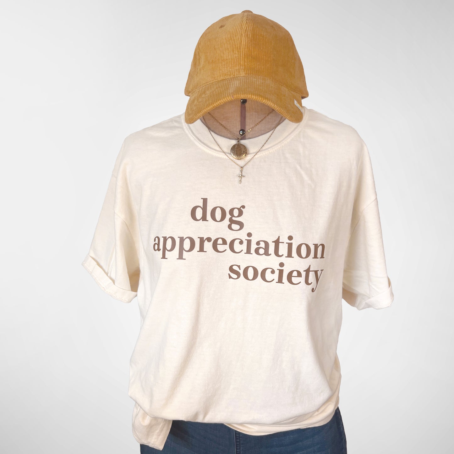Natural t-shirt with brown text 'Dog Appreciation Society