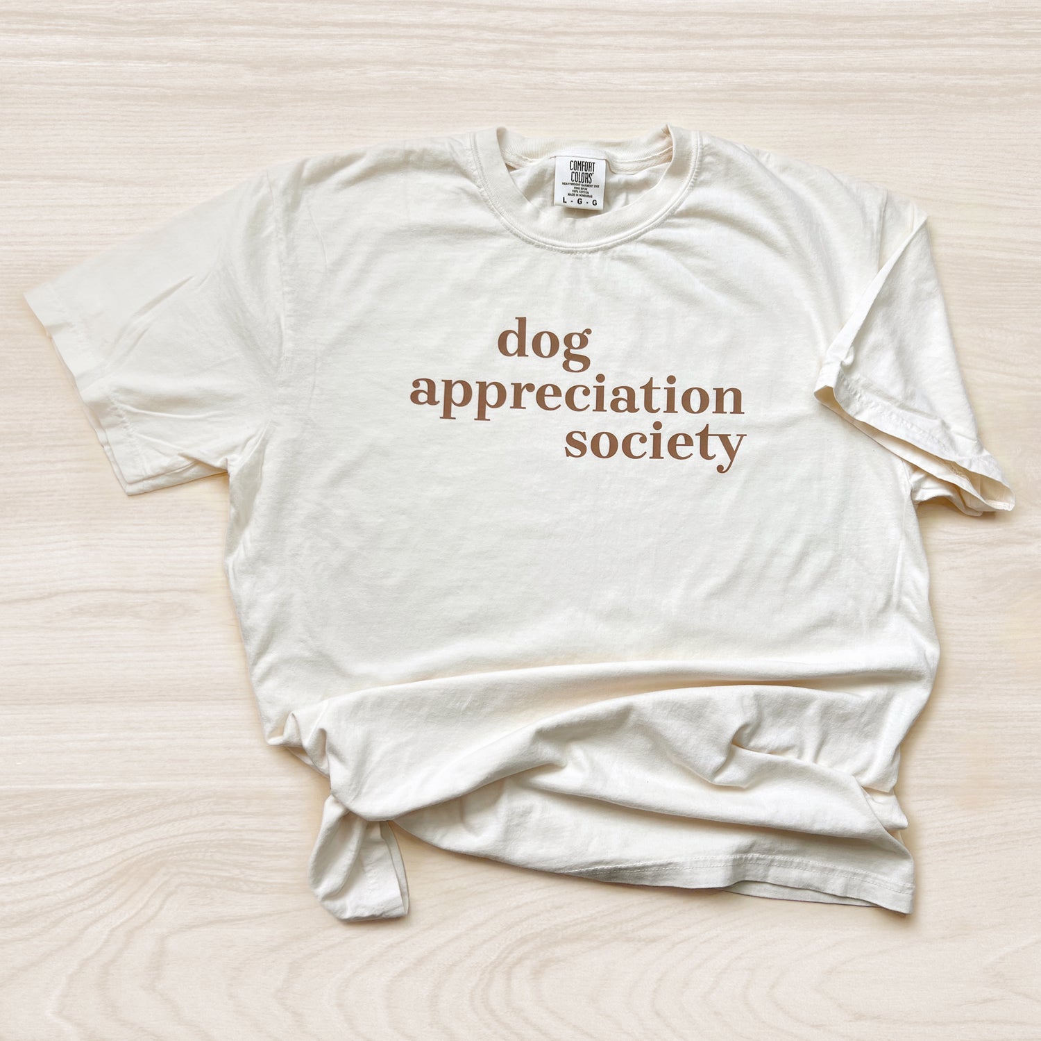 Natural t-shirt with brown text 'Dog Appreciation Society.