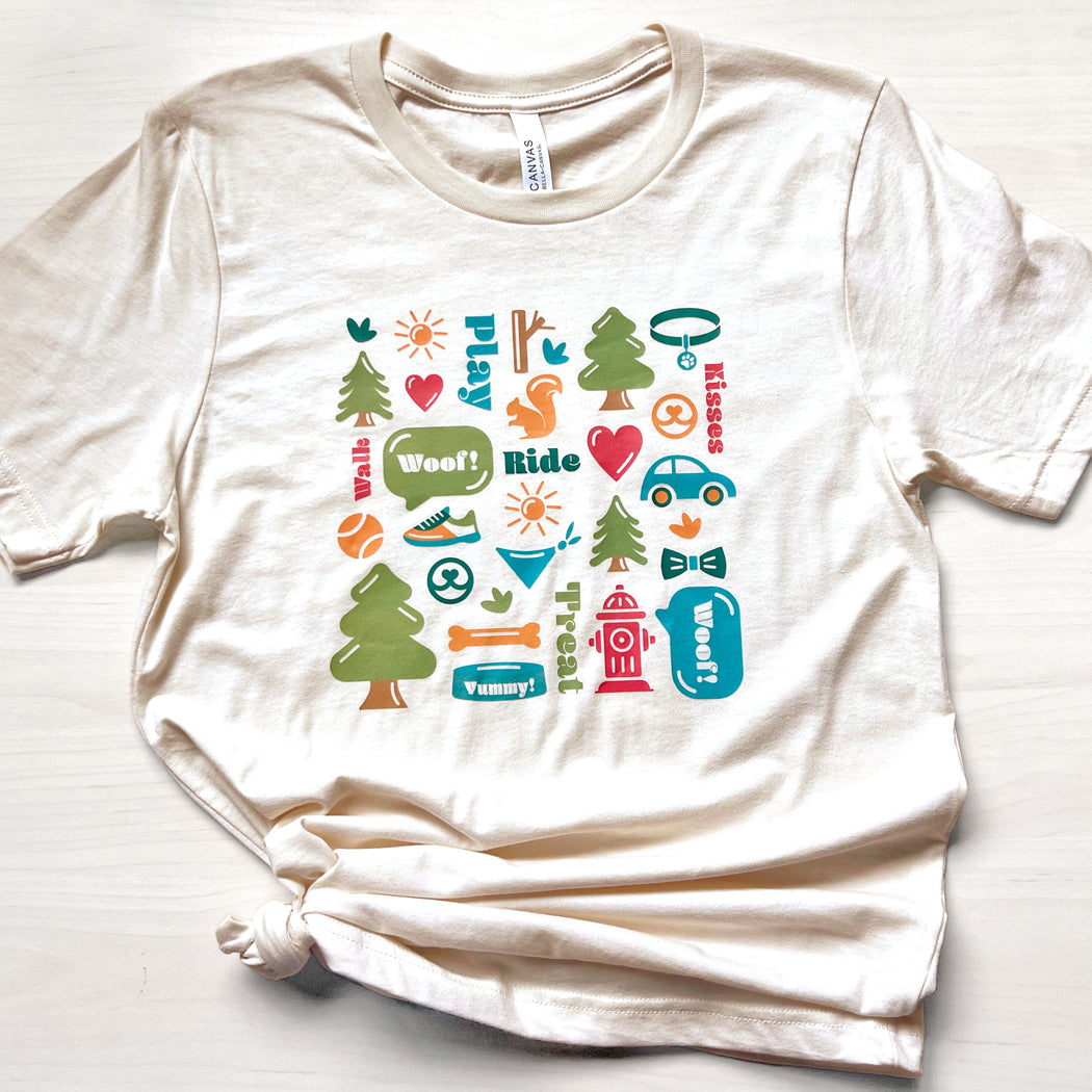 Natural unisex Dog Life T-shirt with a customized illustration about dog life.