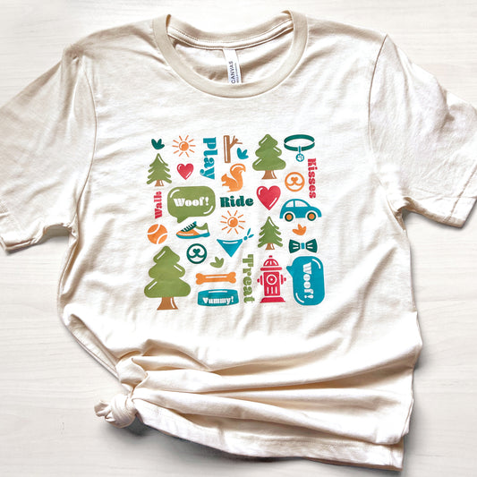 Natural unisex Dog Life T-shirt with a customized illustration about dog life.
