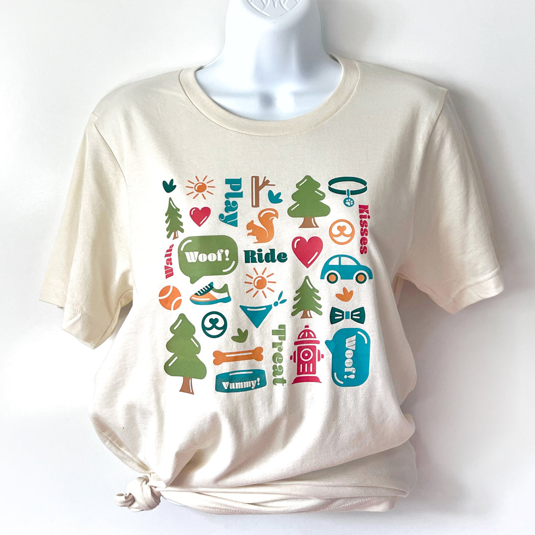 Natural unisex Dog Life T-shirt with a customized illustration about dog life.