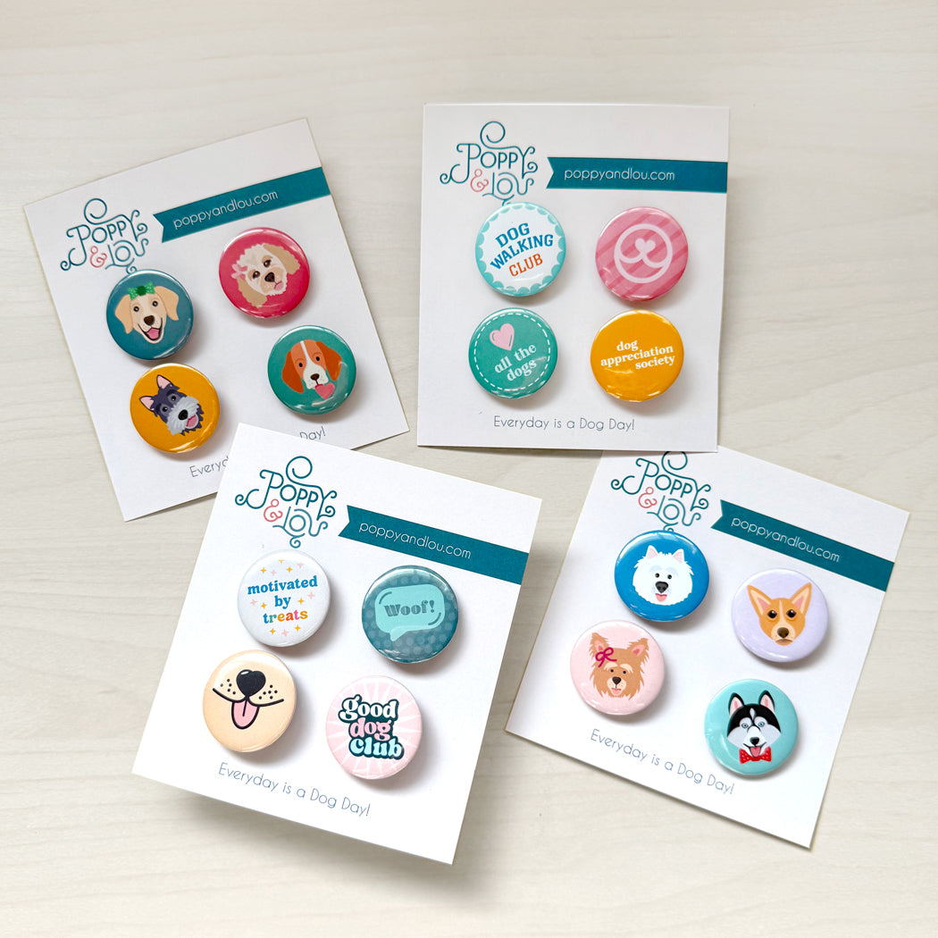 Set of 4 cute dog lover button pins, perfect for backpacks, jackets, and tote bags.
