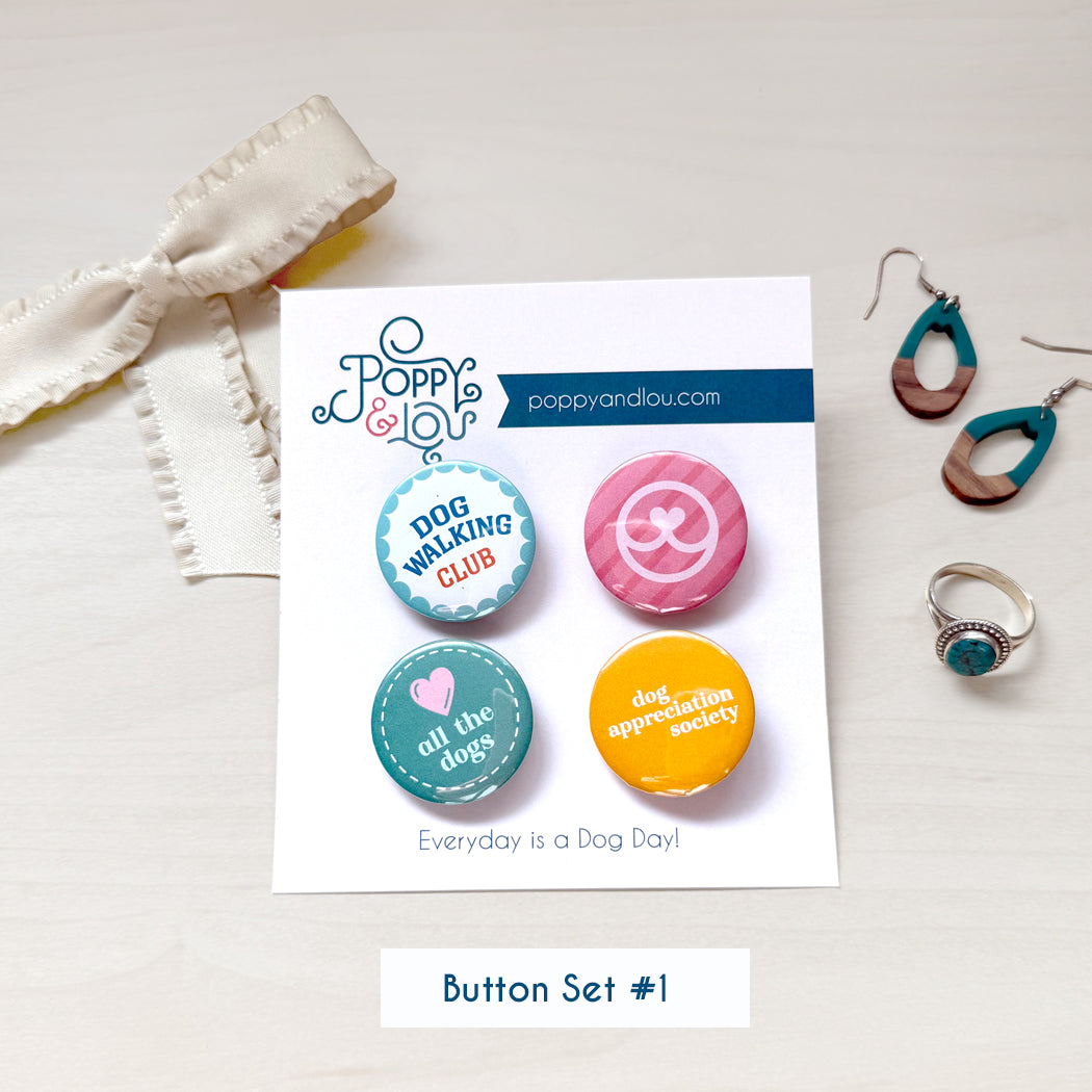 Set of 4 cute dog lover button pins, perfect for backpacks, jackets, and tote bags.