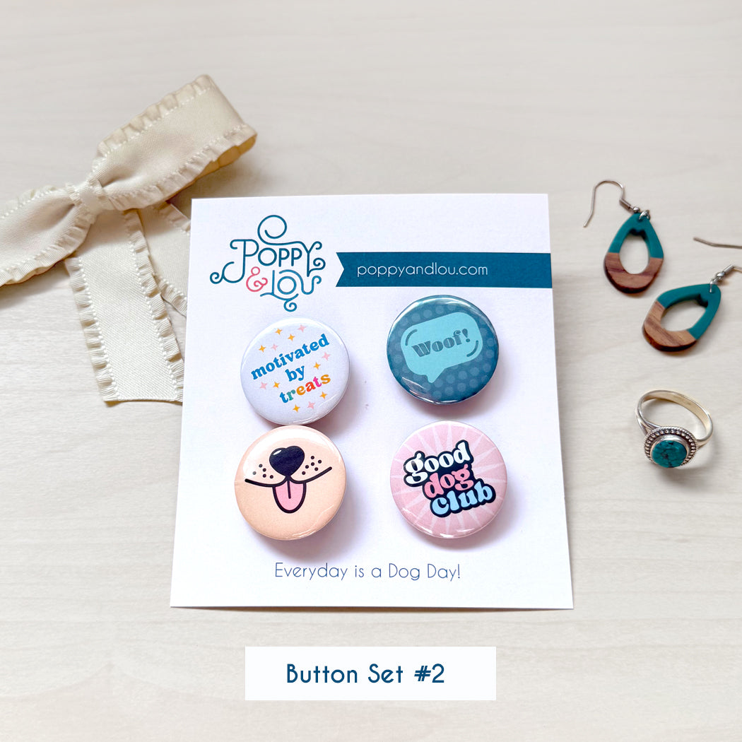 Set of 4 cute dog lover button pins, perfect for backpacks, jackets, and tote bags.