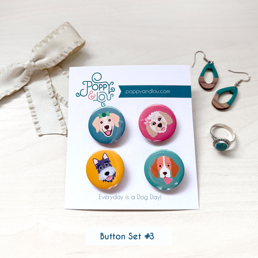 Set of 4 cute dog lover button pins, perfect for backpacks, jackets, and tote bags.