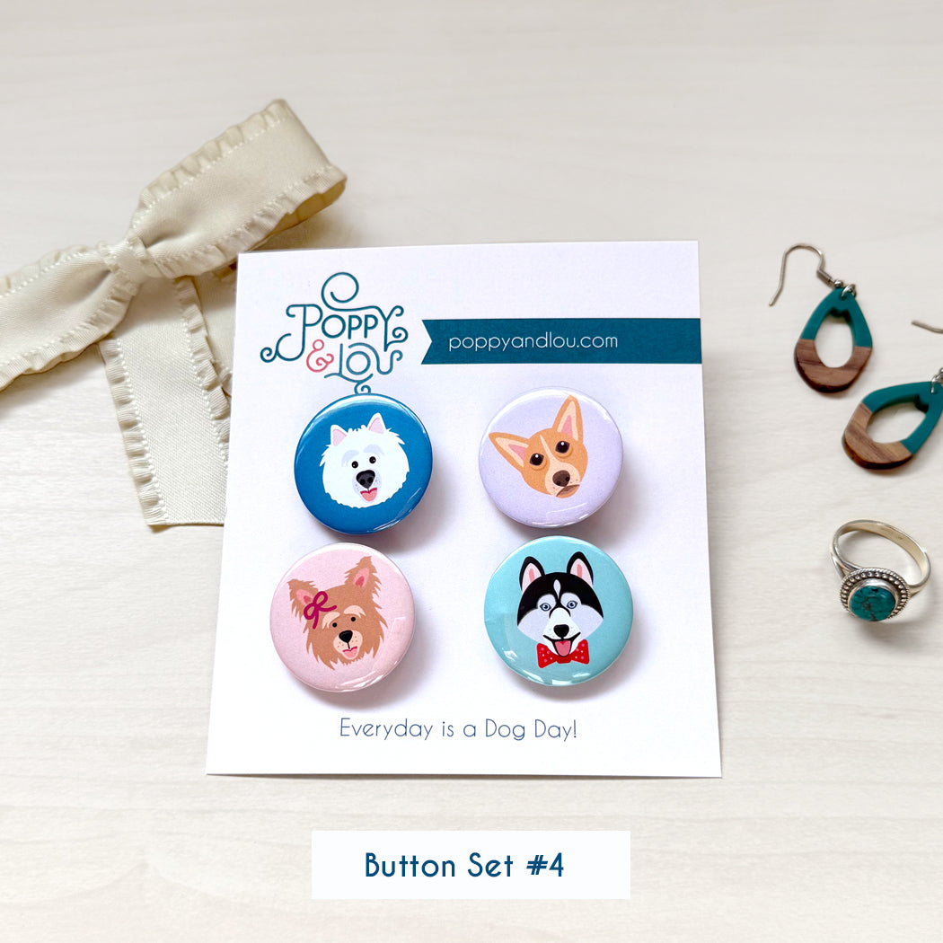 Set of 4 cute dog lover button pins, perfect for backpacks, jackets, and tote bags.
