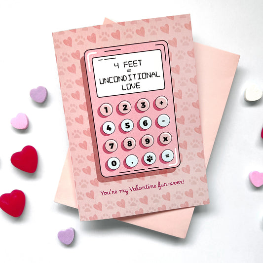 Dog-themed Valentine's Day card with '4 Feet, Unconditional Love' message, perfect for pet lovers.