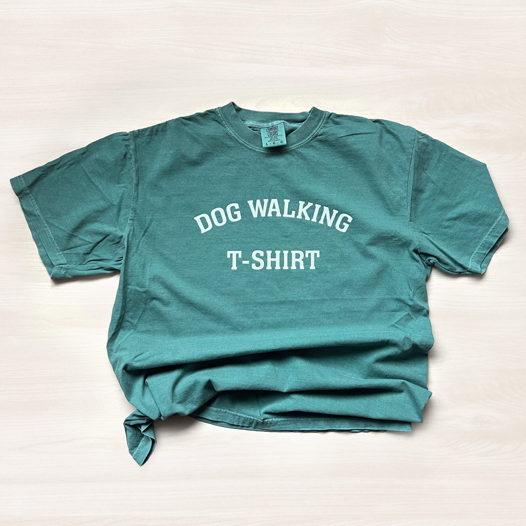 Emerald color unisex Dog Walking T-Shirt made from 100% ringspun cotton.