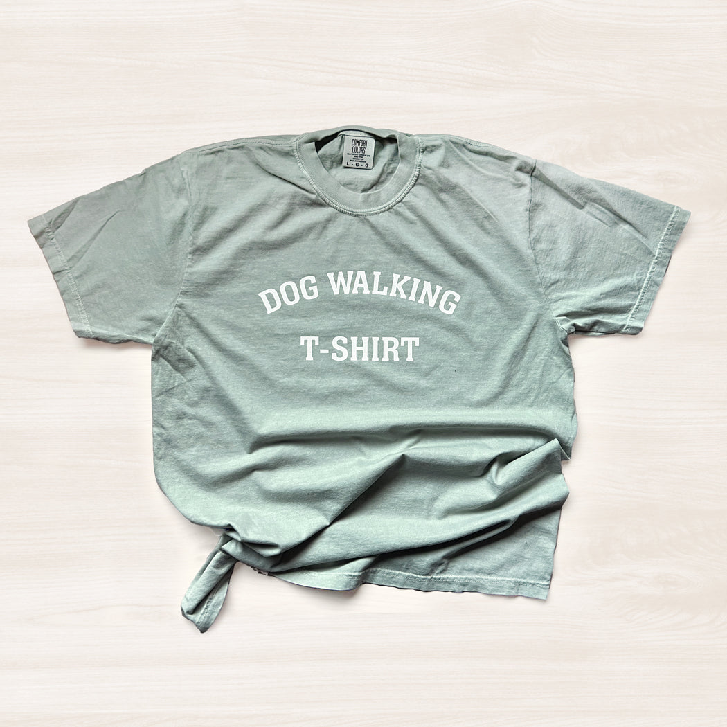 Sage color Dog Walking T-Shirt showcasing soft and comfortable material.